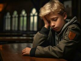 foto de emocional dinámica actitud europeo niño en colegio ai generativo