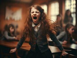 foto de emocional dinámica actitud europeo niño en colegio ai generativo