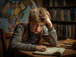 photo of emotional dynamic pose European kid in school AI Generative