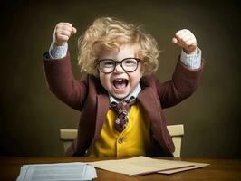 photo of emotional dynamic pose European kid in school AI Generative