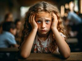 photo of emotional dynamic pose European kid in school AI Generative