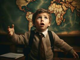 photo of emotional dynamic pose European kid in school AI Generative