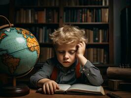 foto de emocional dinámica actitud europeo niño en colegio ai generativo