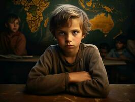 photo of emotional dynamic pose European kid in school AI Generative