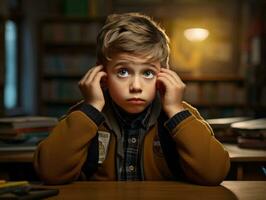 photo of emotional dynamic pose European kid in school AI Generative