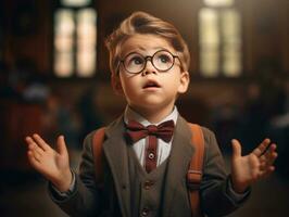 photo of emotional dynamic pose European kid in school AI Generative