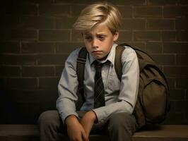 foto de emocional dinámica actitud europeo niño en colegio ai generativo