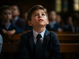 photo of emotional dynamic pose European kid in school AI Generative