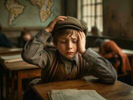 foto de emocional dinámica actitud europeo niño en colegio ai generativo