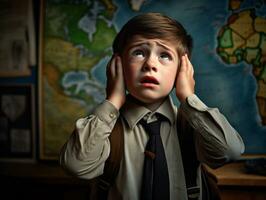 foto de emocional dinámica actitud europeo niño en colegio ai generativo