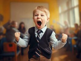 foto de emocional dinámica actitud europeo niño en colegio ai generativo