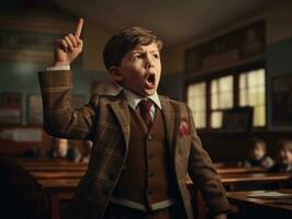 foto de emocional dinámica actitud europeo niño en colegio ai generativo