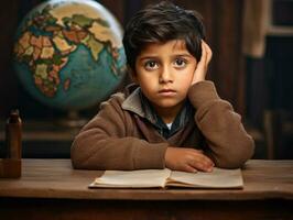 photo of emotional dynamic pose Indian kid in school AI Generative