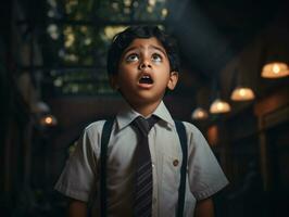 photo of emotional dynamic pose Indian kid in school AI Generative