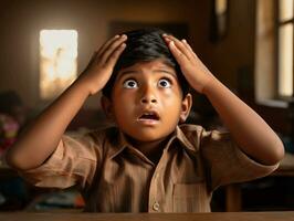 photo of emotional dynamic pose Indian kid in school AI Generative