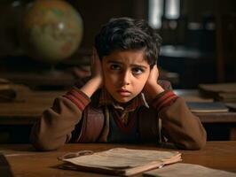 photo of emotional dynamic pose Indian kid in school AI Generative