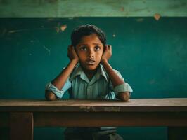 foto de emocional dinámica actitud indio niño en colegio ai generativo