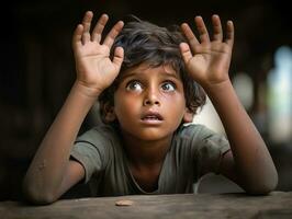 photo of emotional dynamic pose Indian kid in school AI Generative