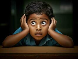 photo of emotional dynamic pose Indian kid in school AI Generative