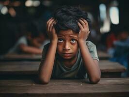 foto de emocional dinámica actitud indio niño en colegio ai generativo