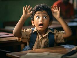 photo of emotional dynamic pose Indian kid in school AI Generative