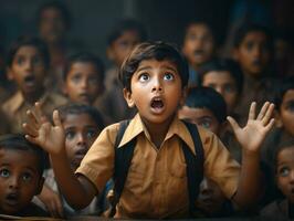 photo of emotional dynamic pose Indian kid in school AI Generative