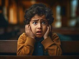 foto de emocional dinámica actitud indio niño en colegio ai generativo