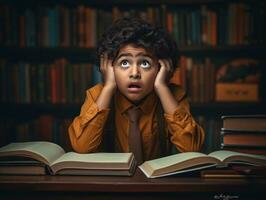 foto de emocional dinámica actitud indio niño en colegio ai generativo