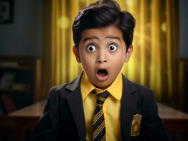 photo of emotional dynamic pose Indian kid in school AI Generative