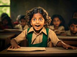 photo of emotional dynamic pose Indian kid in school AI Generative