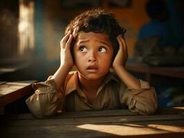 photo of emotional dynamic pose Indian kid in school AI Generative