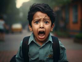 photo of emotional dynamic pose Indian kid in school AI Generative