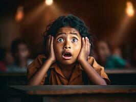 photo of emotional dynamic pose Indian kid in school AI Generative