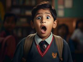 photo of emotional dynamic pose Indian kid in school AI Generative