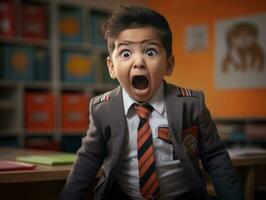 photo of emotional dynamic pose Indian kid in school AI Generative