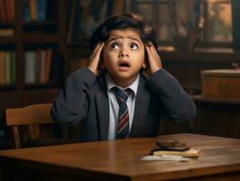 photo of emotional dynamic pose Indian kid in school AI Generative