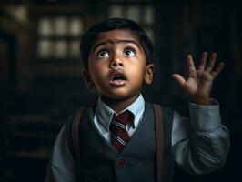 photo of emotional dynamic pose Indian kid in school AI Generative