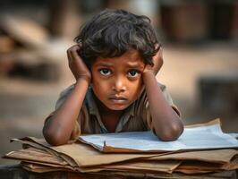 photo of emotional dynamic pose Indian kid in school AI Generative