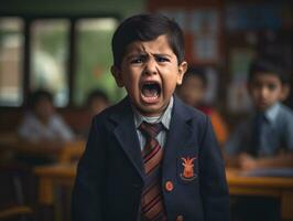 foto de emocional dinámica actitud indio niño en colegio ai generativo