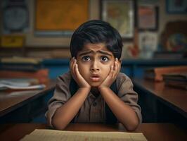 photo of emotional dynamic pose Indian kid in school AI Generative