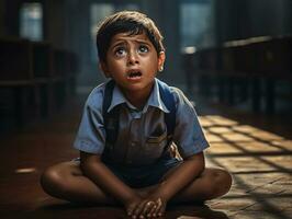 photo of emotional dynamic pose Indian kid in school AI Generative