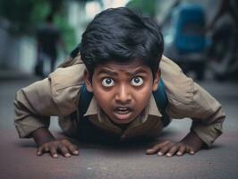 photo of emotional dynamic pose Indian kid in school AI Generative