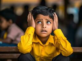 photo of emotional dynamic pose Indian kid in school AI Generative