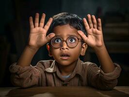 photo of emotional dynamic pose Indian kid in school AI Generative