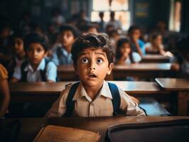 photo of emotional dynamic pose Indian kid in school AI Generative