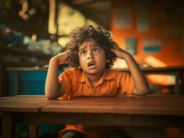 foto de emocional dinámica actitud indio niño en colegio ai generativo