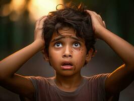 photo of emotional dynamic pose Indian kid in school AI Generative