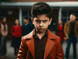 photo of emotional dynamic pose Indian kid in school AI Generative