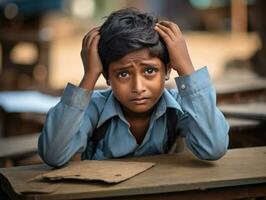 foto de emocional dinámica actitud indio niño en colegio ai generativo