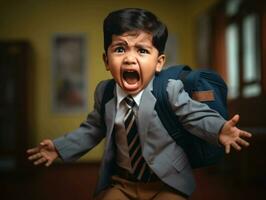 foto de emocional dinámica actitud indio niño en colegio ai generativo